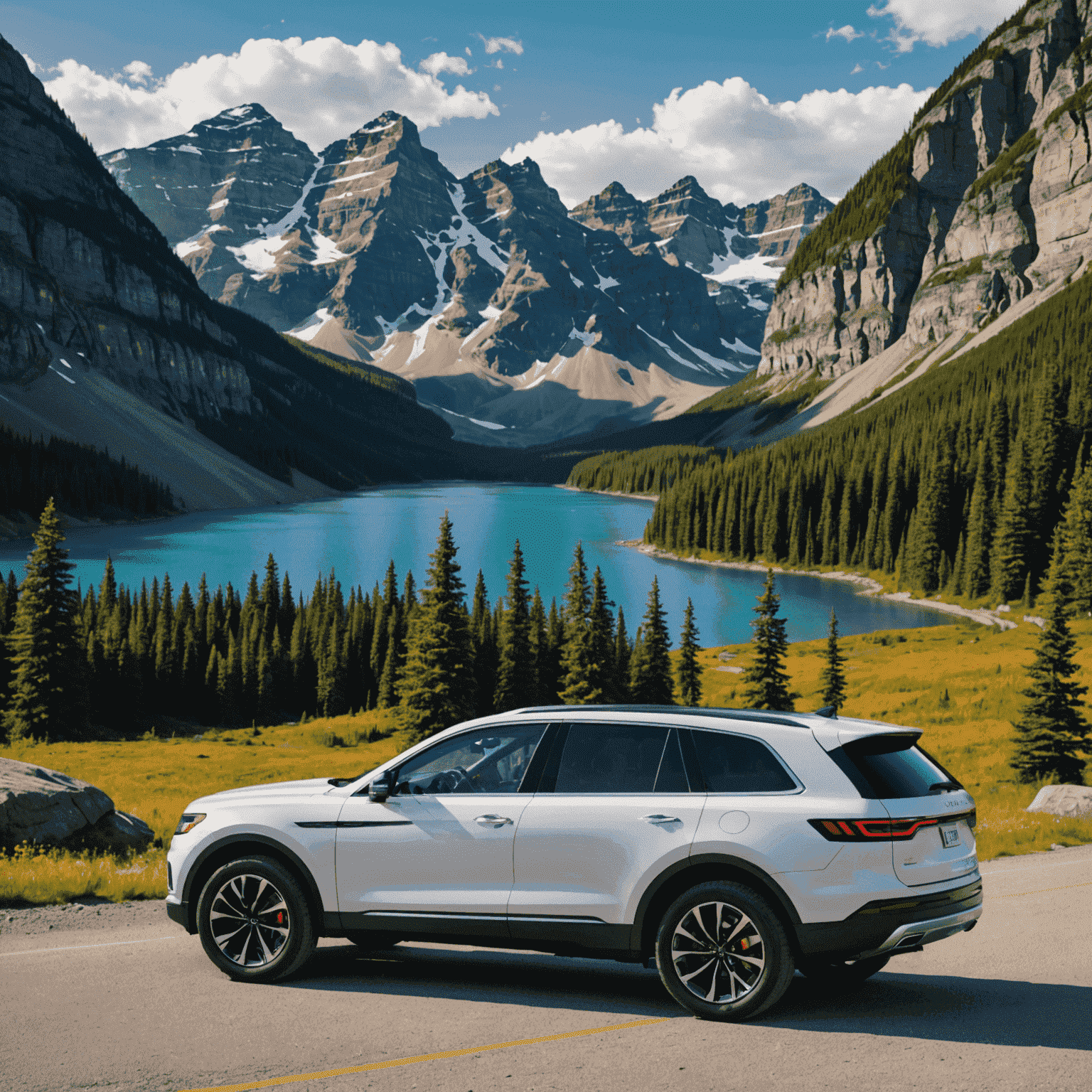 A sleek, modern SUV parked in front of iconic Canadian landscape, showcasing the beauty of Canada and the quality of our rental vehicles