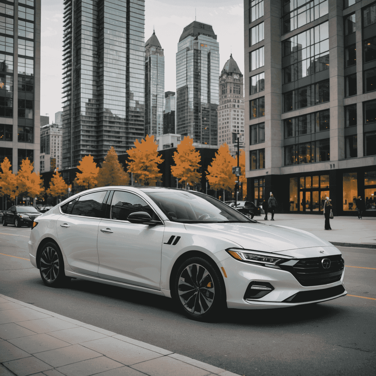 A sleek sedan parked in front of a Canadian cityscape, showcasing modern architecture and vibrant urban life