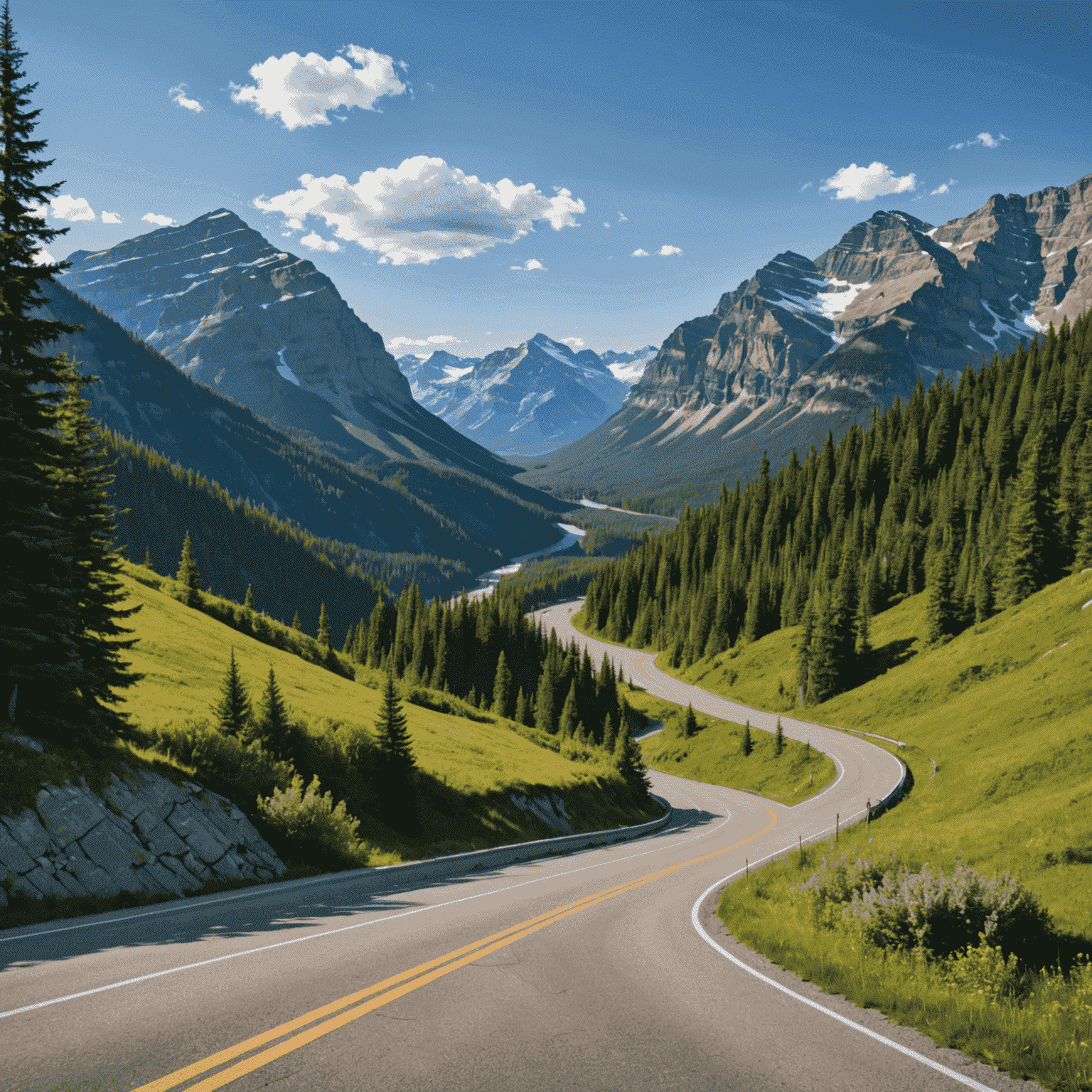 A winding road through a picturesque Canadian landscape, showcasing mountains, forests, and a clear blue sky. The road stretches into the distance, inviting adventure.