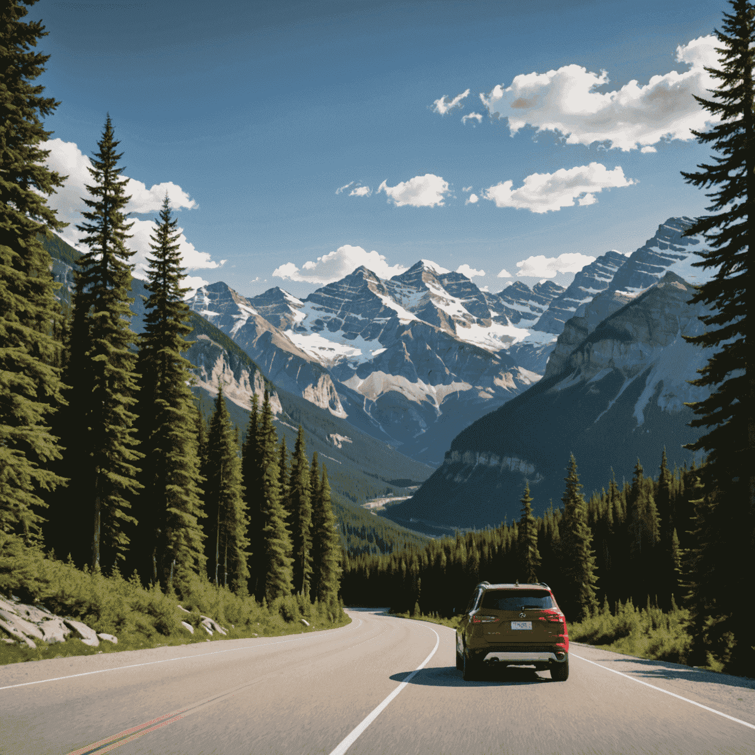 A panoramic view of a winding road through the Canadian Rockies, with snow-capped peaks and evergreen forests on both sides. A red SUV is driving along the road, symbolizing the perfect rental car for a Canadian road trip adventure.