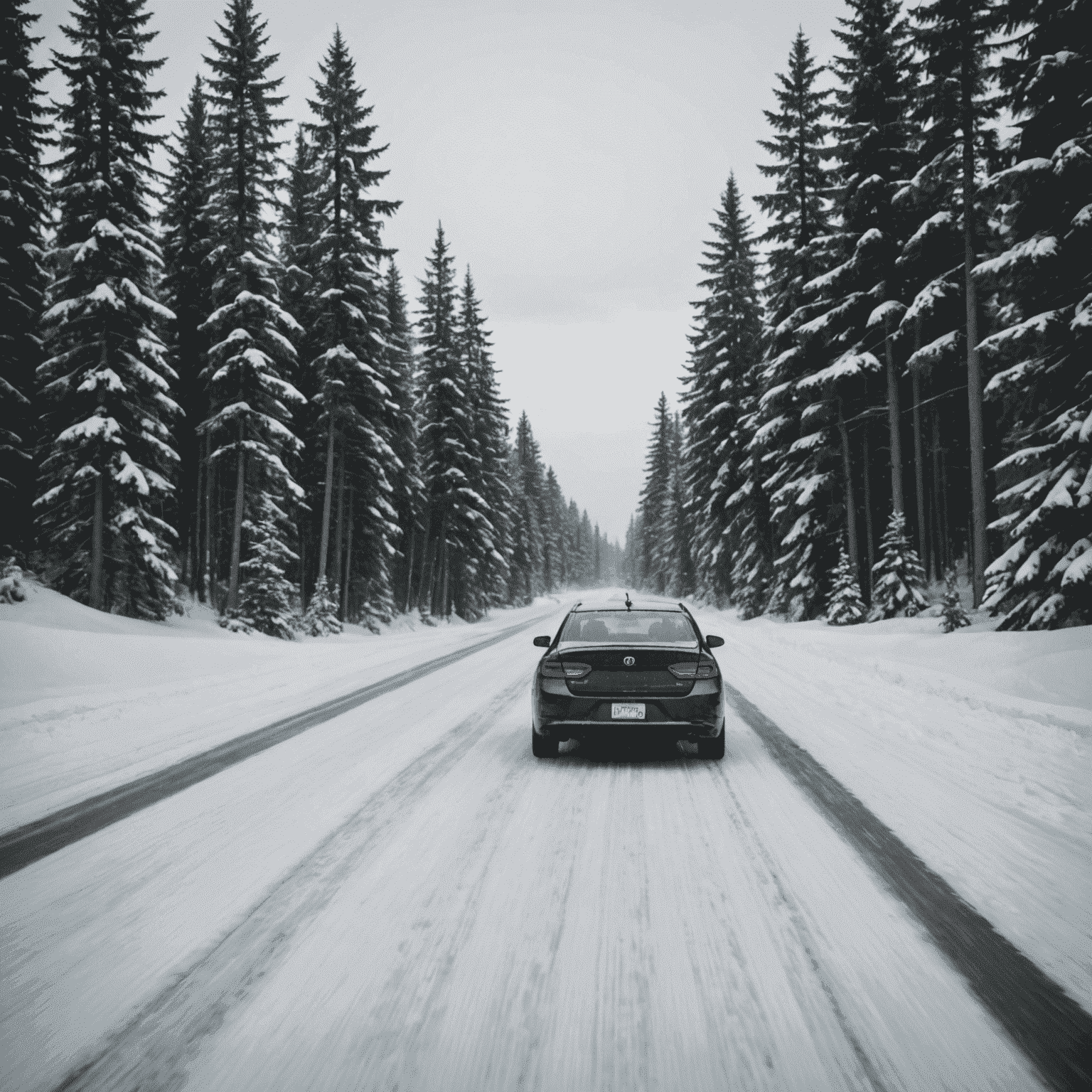 A car driving on a snowy Canadian road with pine trees on both sides, demonstrating safe winter driving techniques