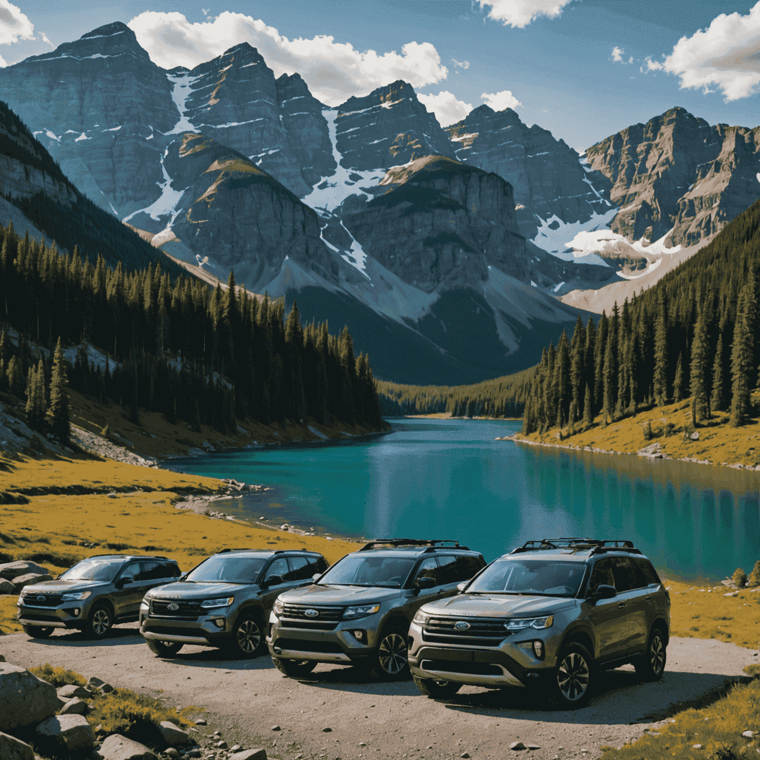 A panoramic view of a rugged Canadian landscape with mountains, forests, and a lake. In the foreground, three different SUV models are parked side by side, showcasing their size and capabilities.