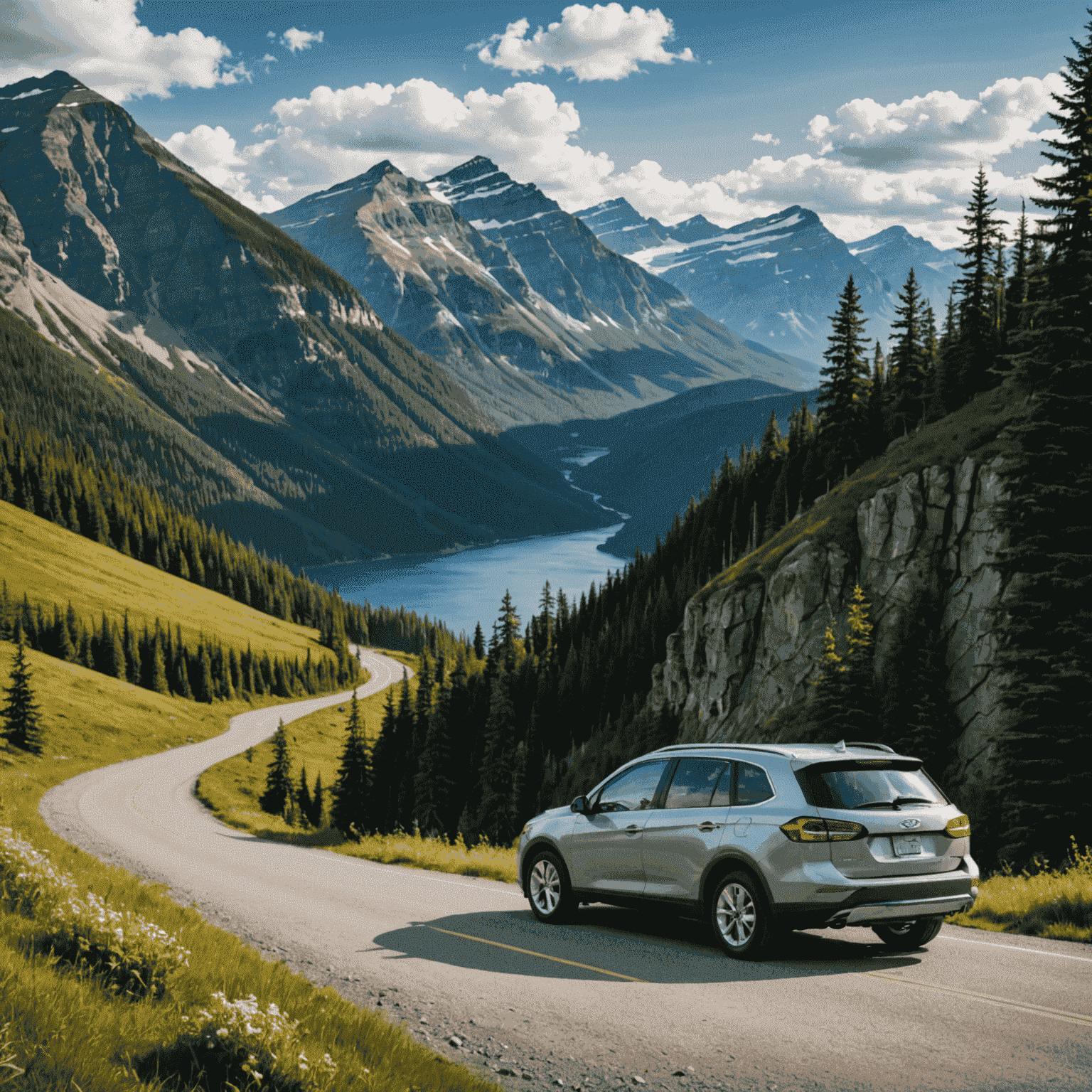 A scenic Canadian landscape with a compact rental car parked on the side of a mountain road, showcasing the vast beauty of Canada and the freedom a rental car provides