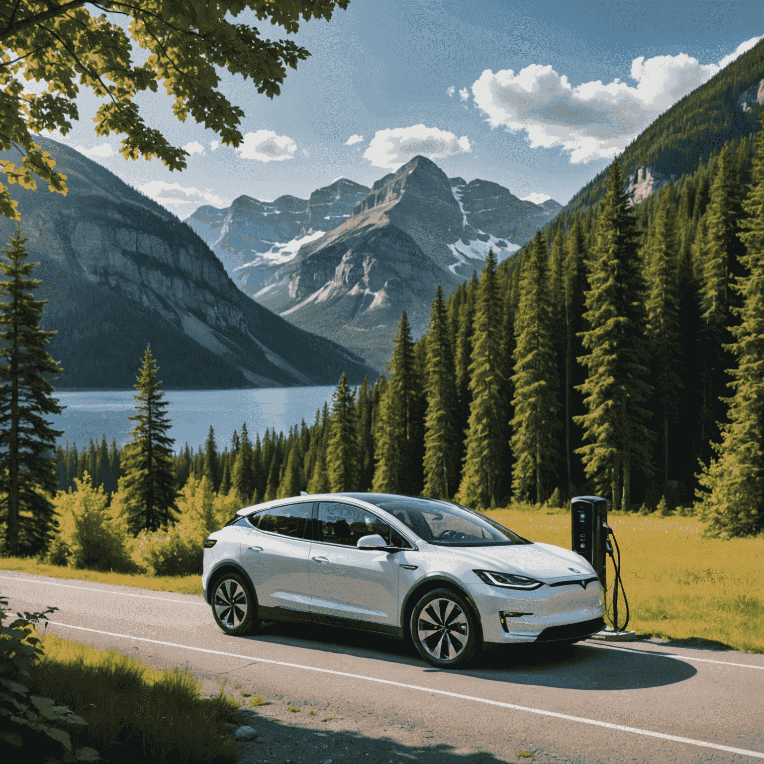 A sleek electric car charging at a scenic Canadian national park, with mountains and forests in the background