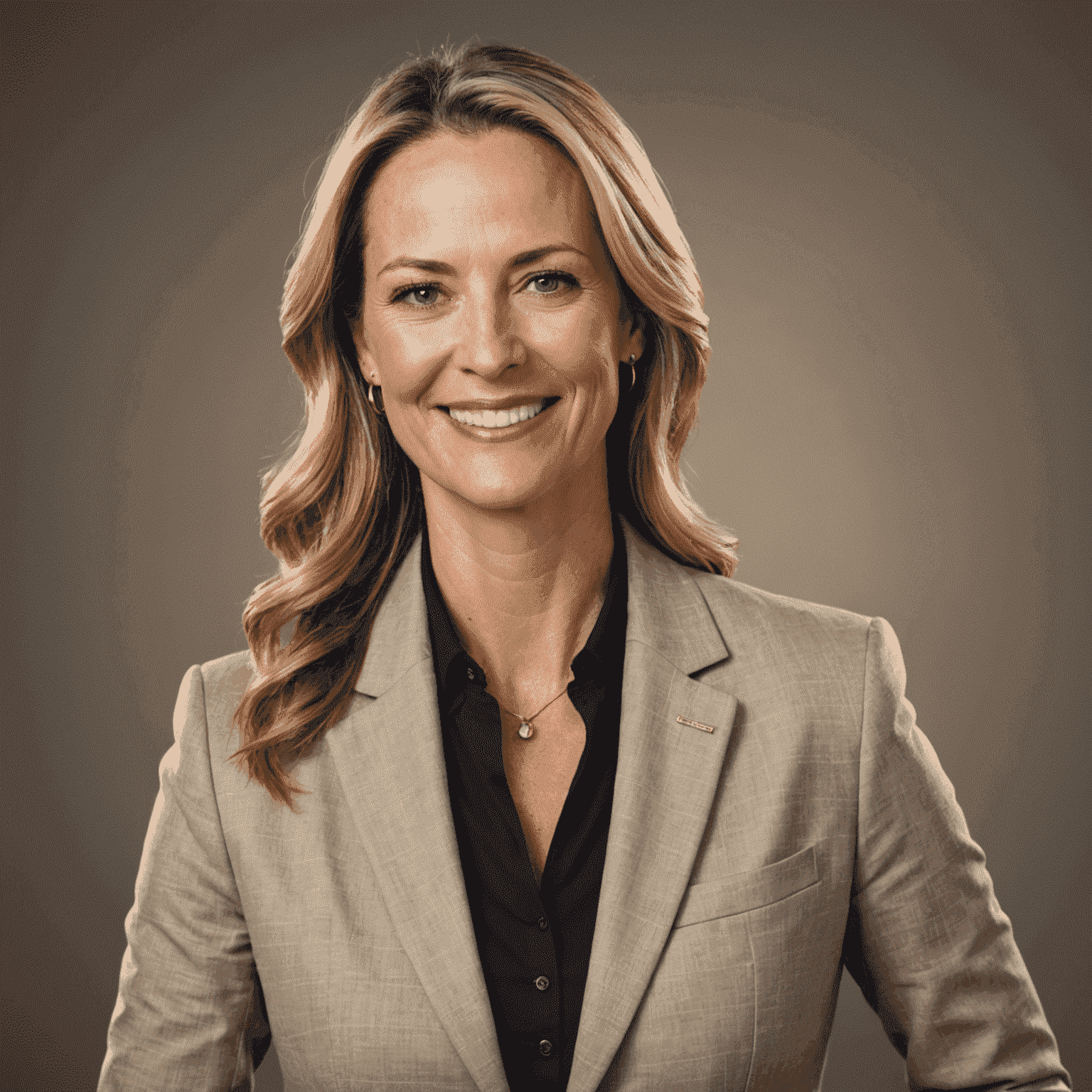 Sarah Thompson, CEO - A professional woman in her 40s with a warm smile, wearing a blazer