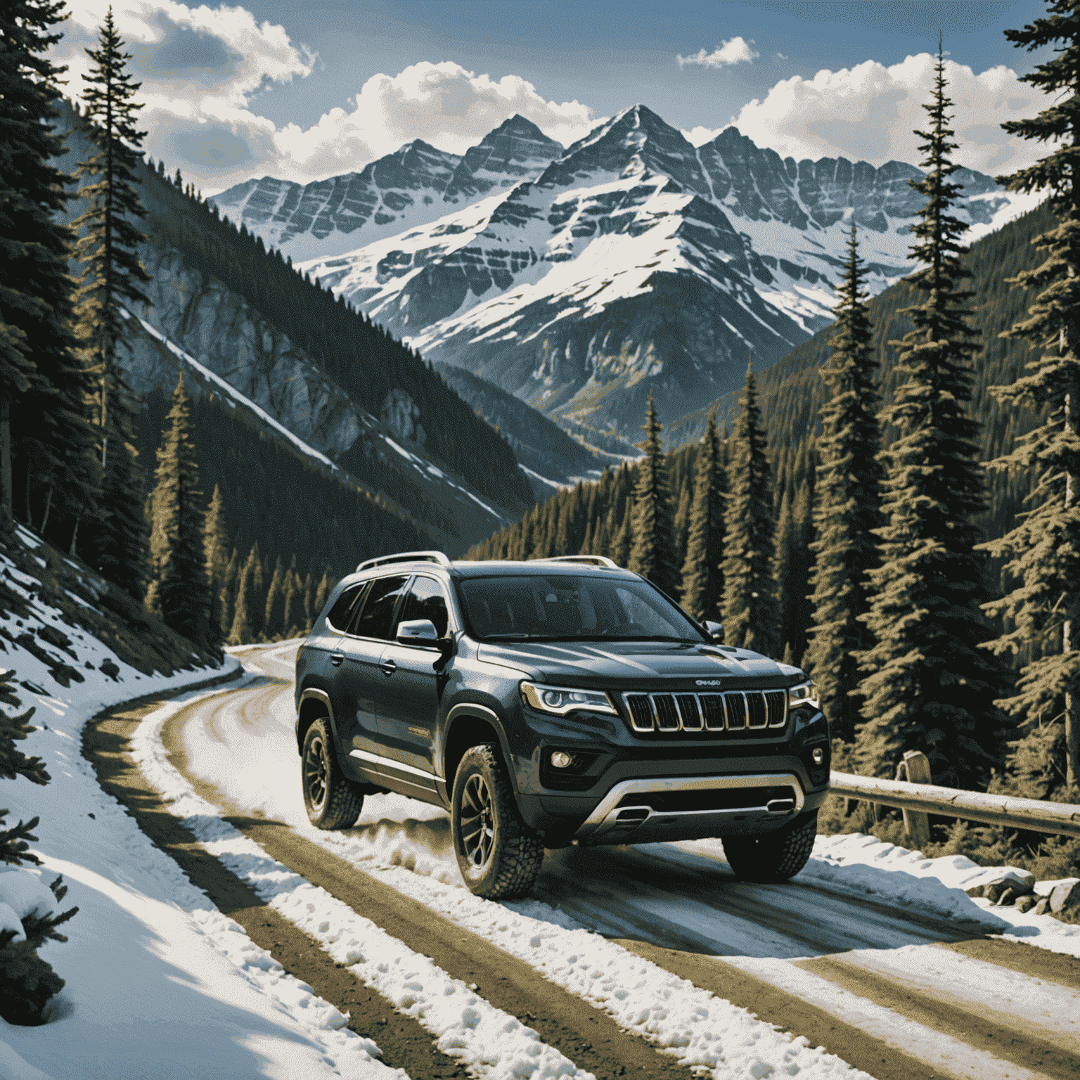 A rugged SUV driving through a scenic mountain pass, surrounded by snow-capped peaks and evergreen forests
