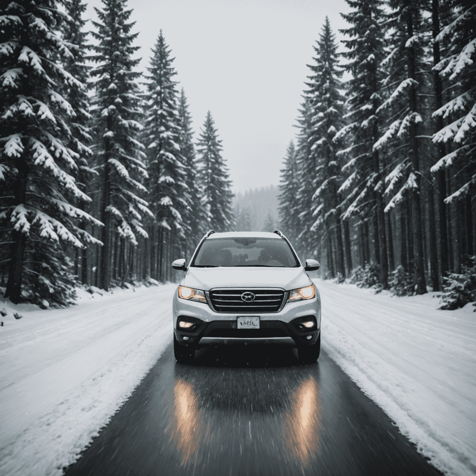 A car driving on a snow-covered road in Canada, with pine trees lining the sides and snowflakes falling. The image emphasizes safe winter driving techniques.