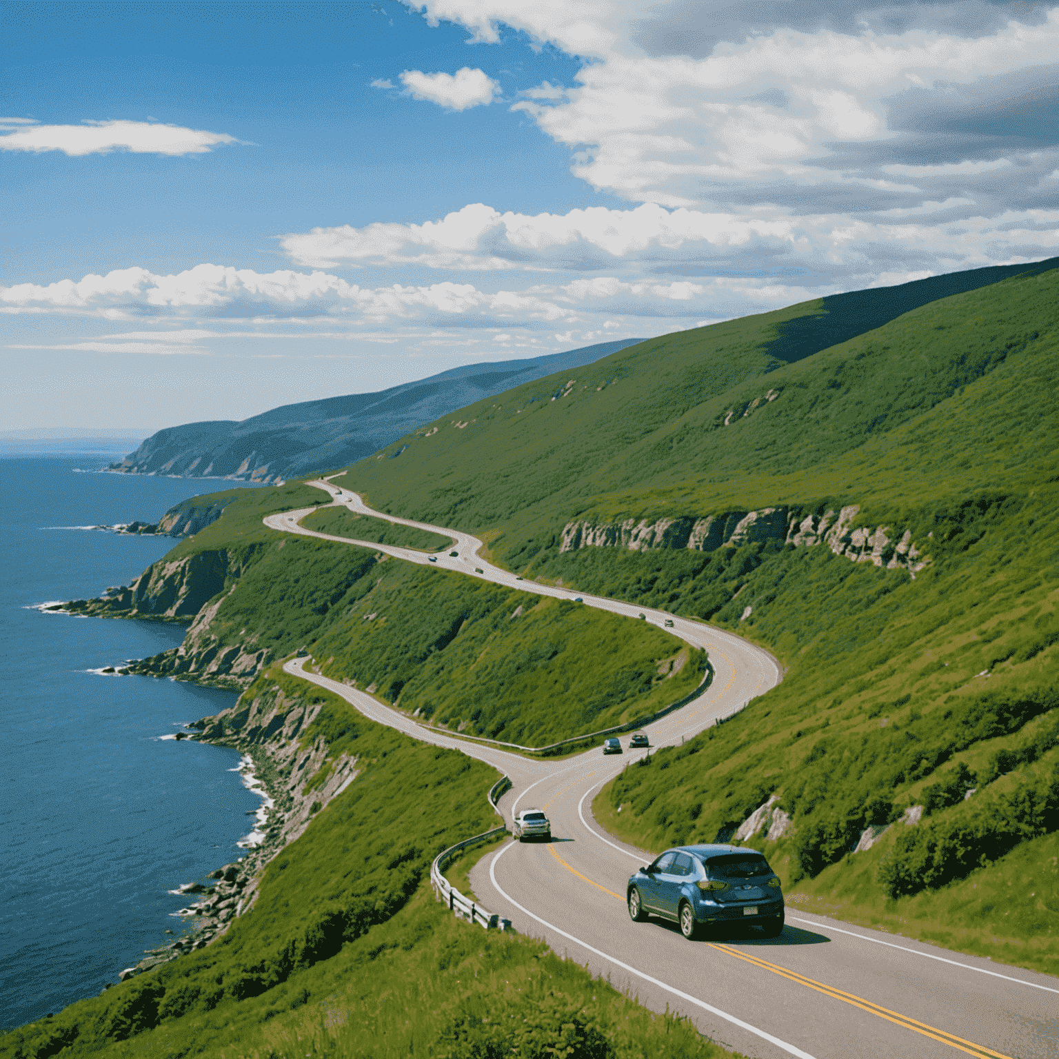 A coastal road winding along the cliffs of Cape Breton Island, with the Atlantic Ocean visible on one side and lush green hills on the other. A compact rental car is seen navigating a curve, showcasing the perfect vehicle for this scenic drive.