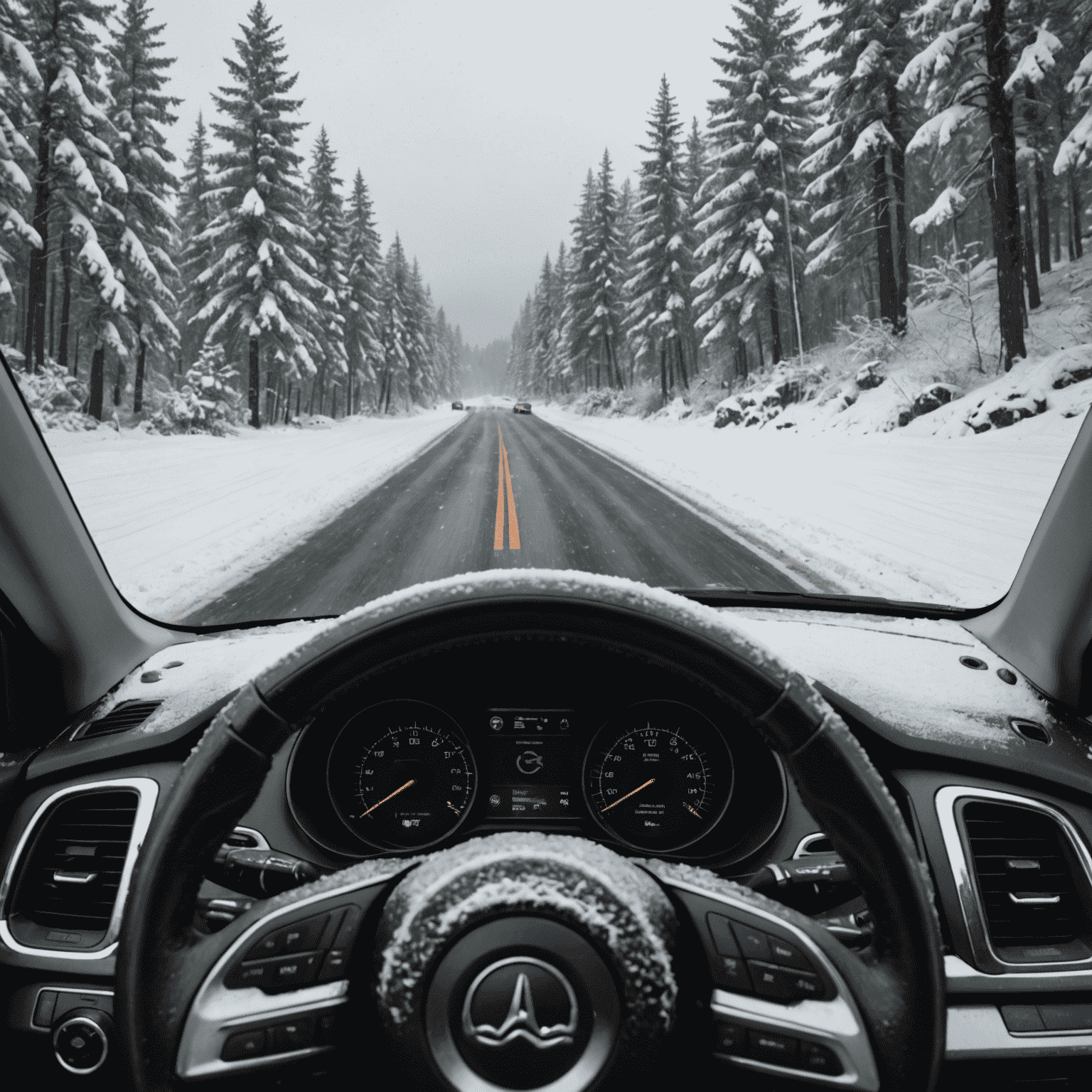A dashboard view of a car showing snowy road conditions ahead, emphasizing the need for increased following distance