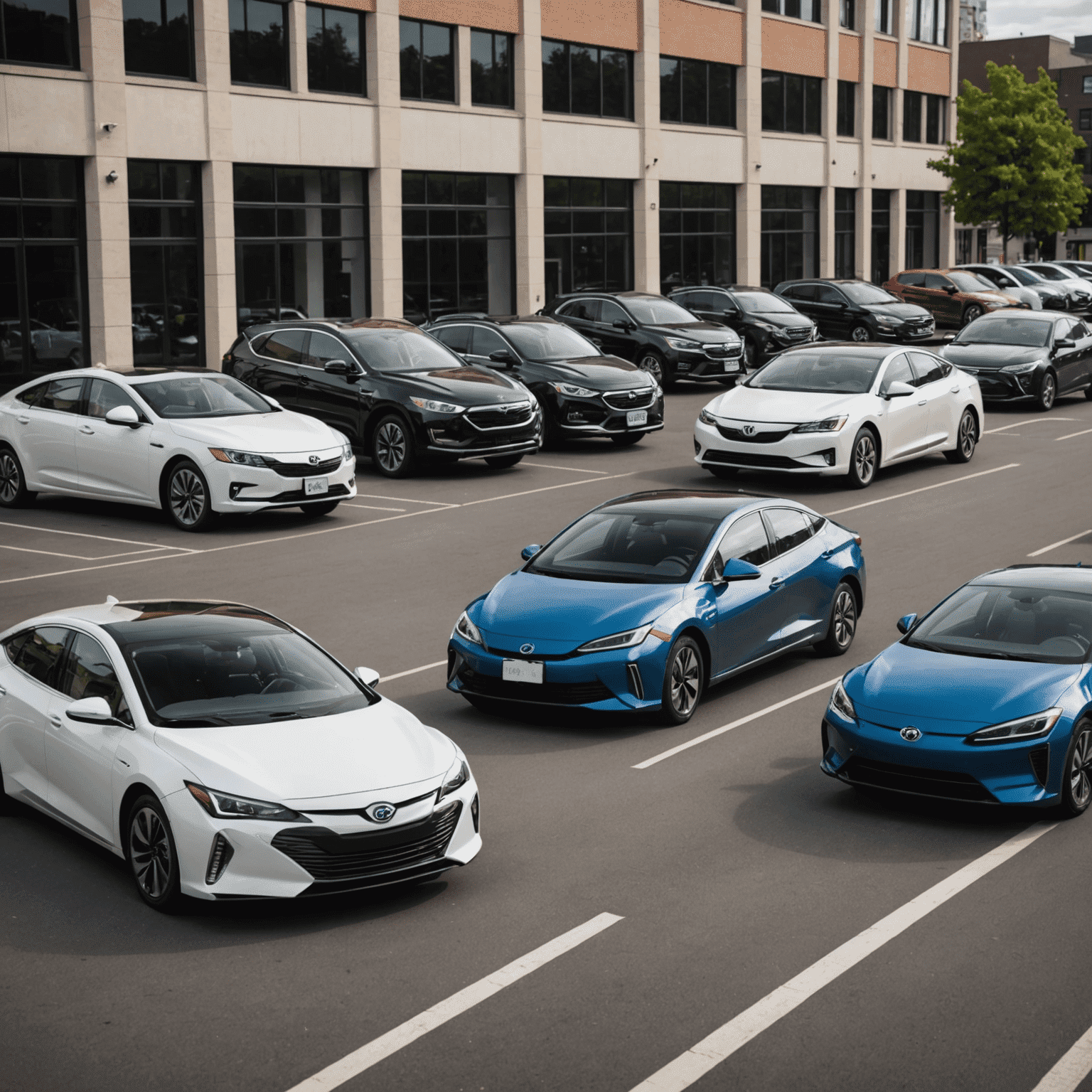 A lineup of various hybrid car models available for rent, showcasing their sleek designs and eco-friendly features