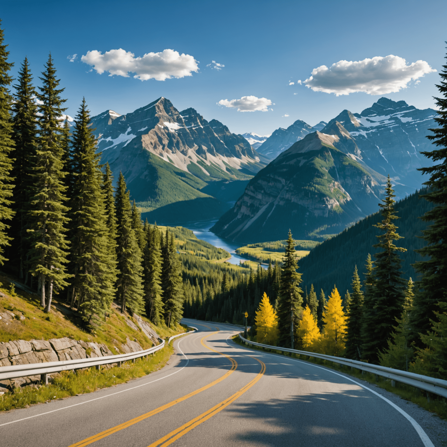 A winding road through a picturesque Canadian landscape, showcasing mountains, forests, and a clear blue sky. The image represents one of the top scenic drives in Canada, perfect for a rental car adventure.
