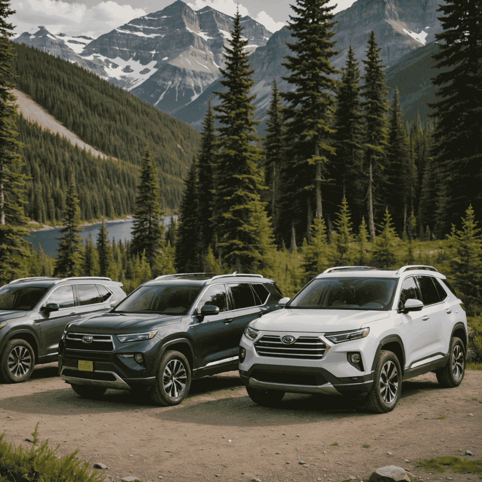 A side-by-side comparison of three popular SUV models available for rent in Canada, showcasing their features and sizes against a backdrop of Canadian wilderness.