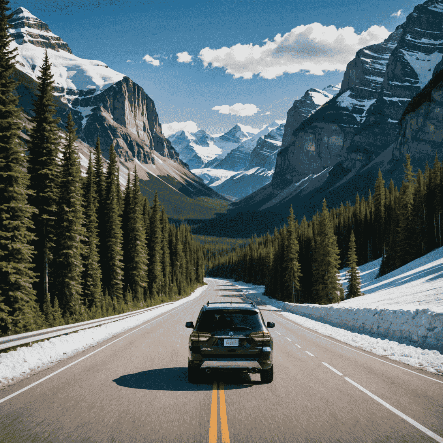 A straight highway cutting through the heart of the Canadian Rockies, with massive glaciers visible in the distance. An SUV rental is prominently featured, emphasizing the need for a vehicle with good visibility and comfort for this majestic drive.