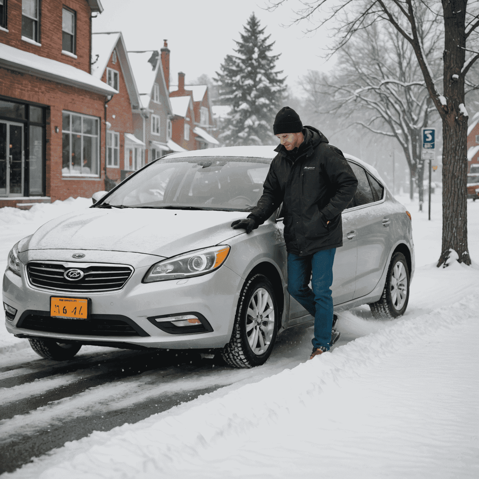A person clearing snow off a rental car, focusing on the importance of maintaining visibility in winter conditions