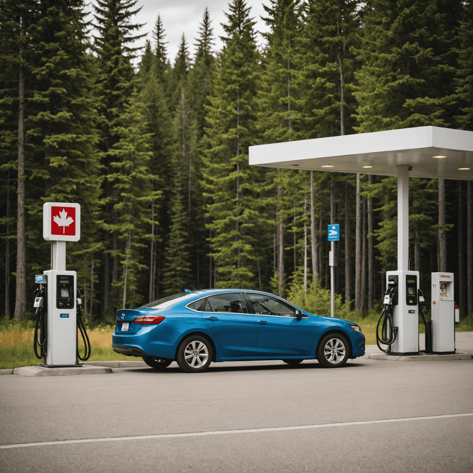 A person refueling a rental car at a gas station with a picturesque Canadian forest in the background, emphasizing the importance of the fuel policy