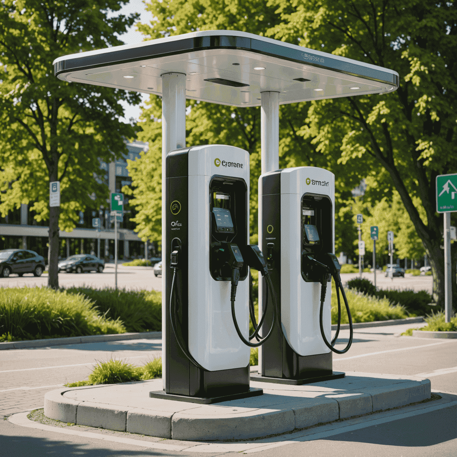 An electric vehicle charging station in a picturesque Canadian city, with modern architecture and green spaces visible
