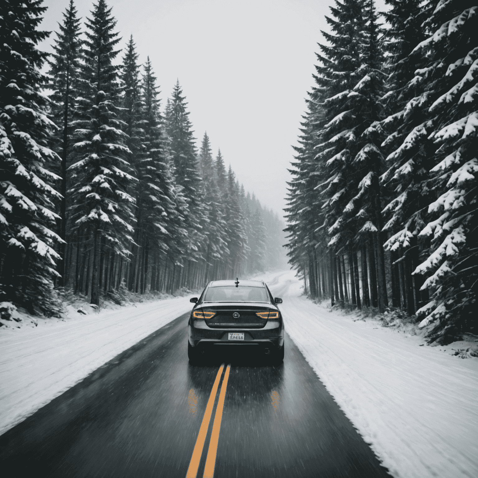 A car driving on a snow-covered Canadian road, with pine trees lining the sides. The image illustrates the challenges and beauty of winter driving in Canada, emphasizing the need for proper techniques when operating a rental vehicle in snowy conditions.