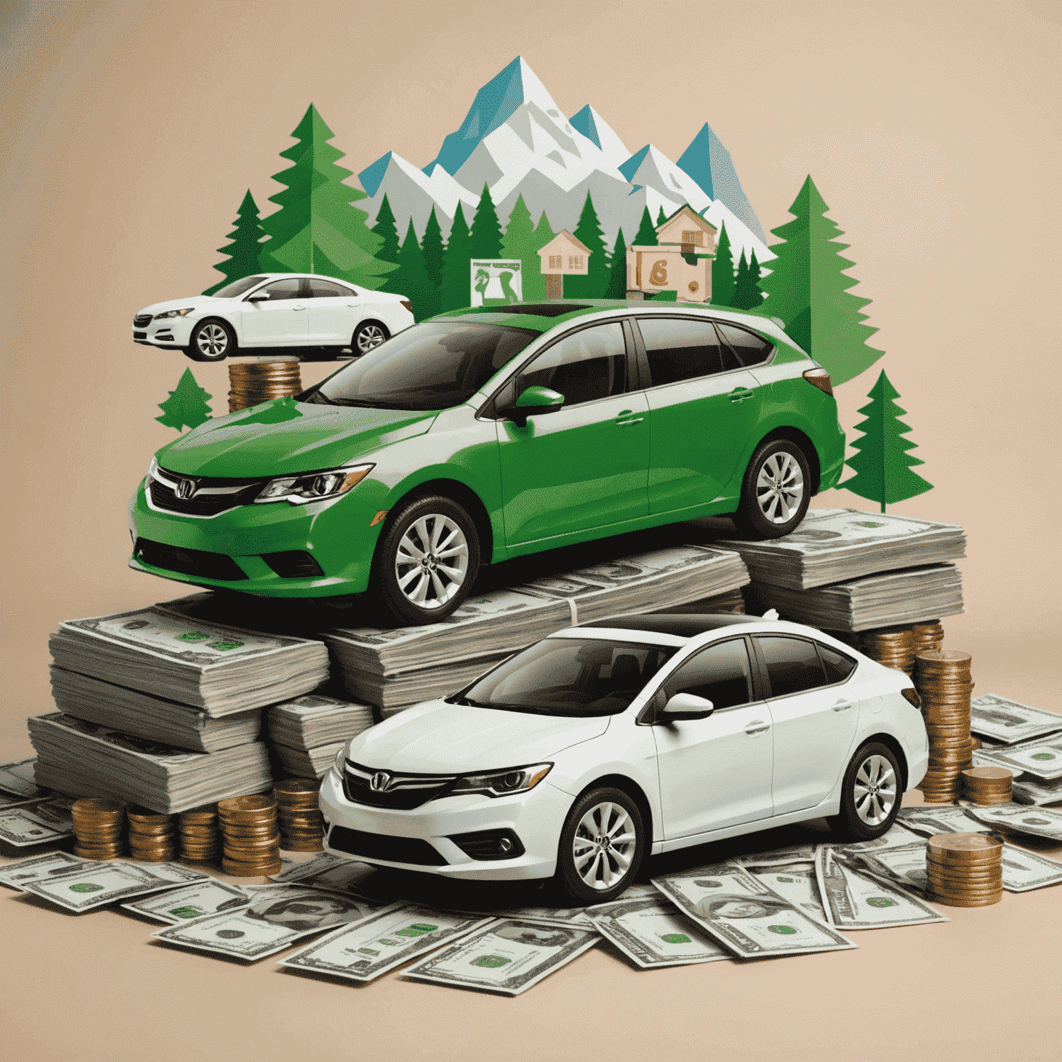 A collage of money-saving symbols and a compact rental car, illustrating budget-friendly car rental strategies in Canada.