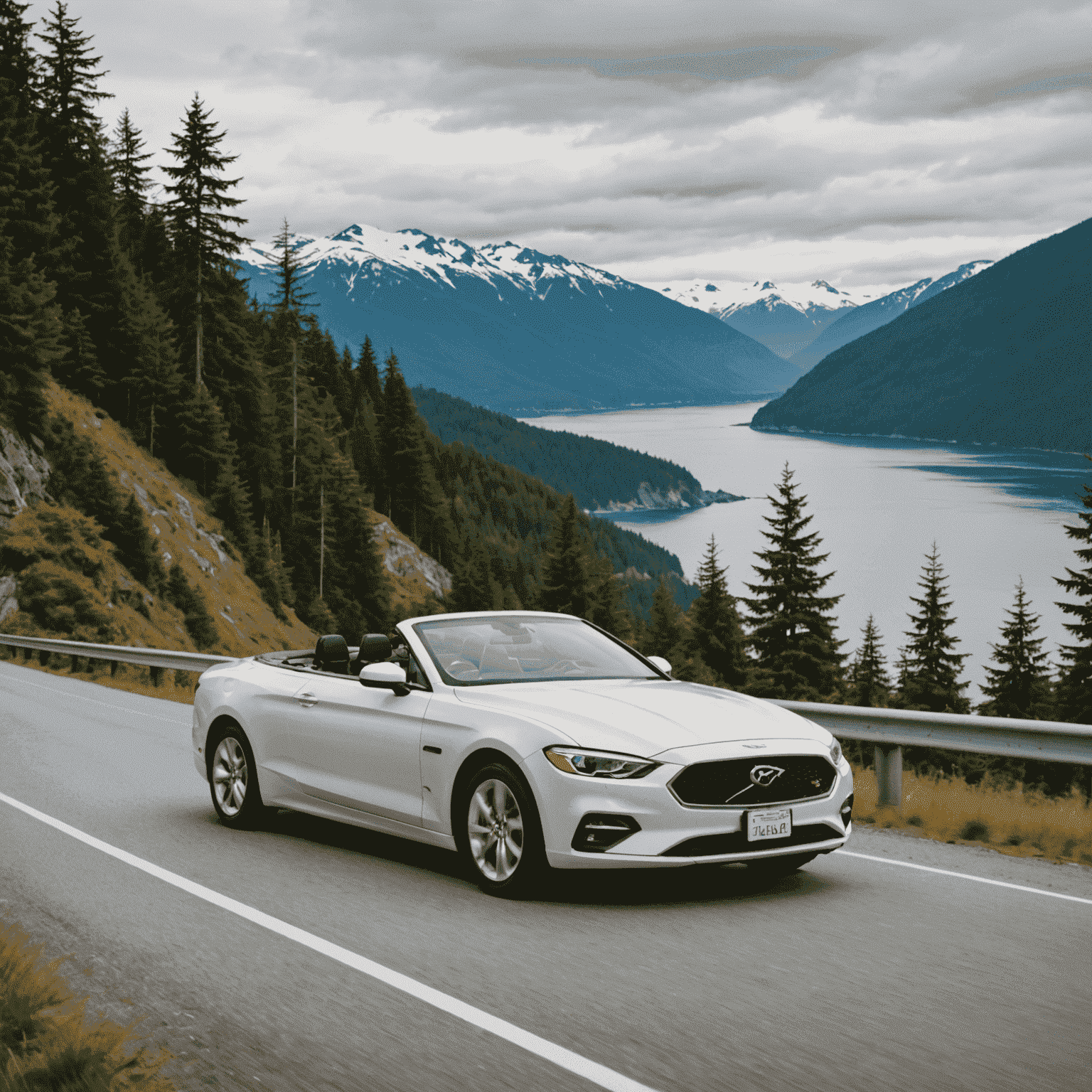 A scenic highway hugging the coastline between Vancouver and Whistler, with the Pacific Ocean on one side and mountains on the other. A convertible rental car with the top down is shown, perfect for enjoying the fresh air and panoramic views.