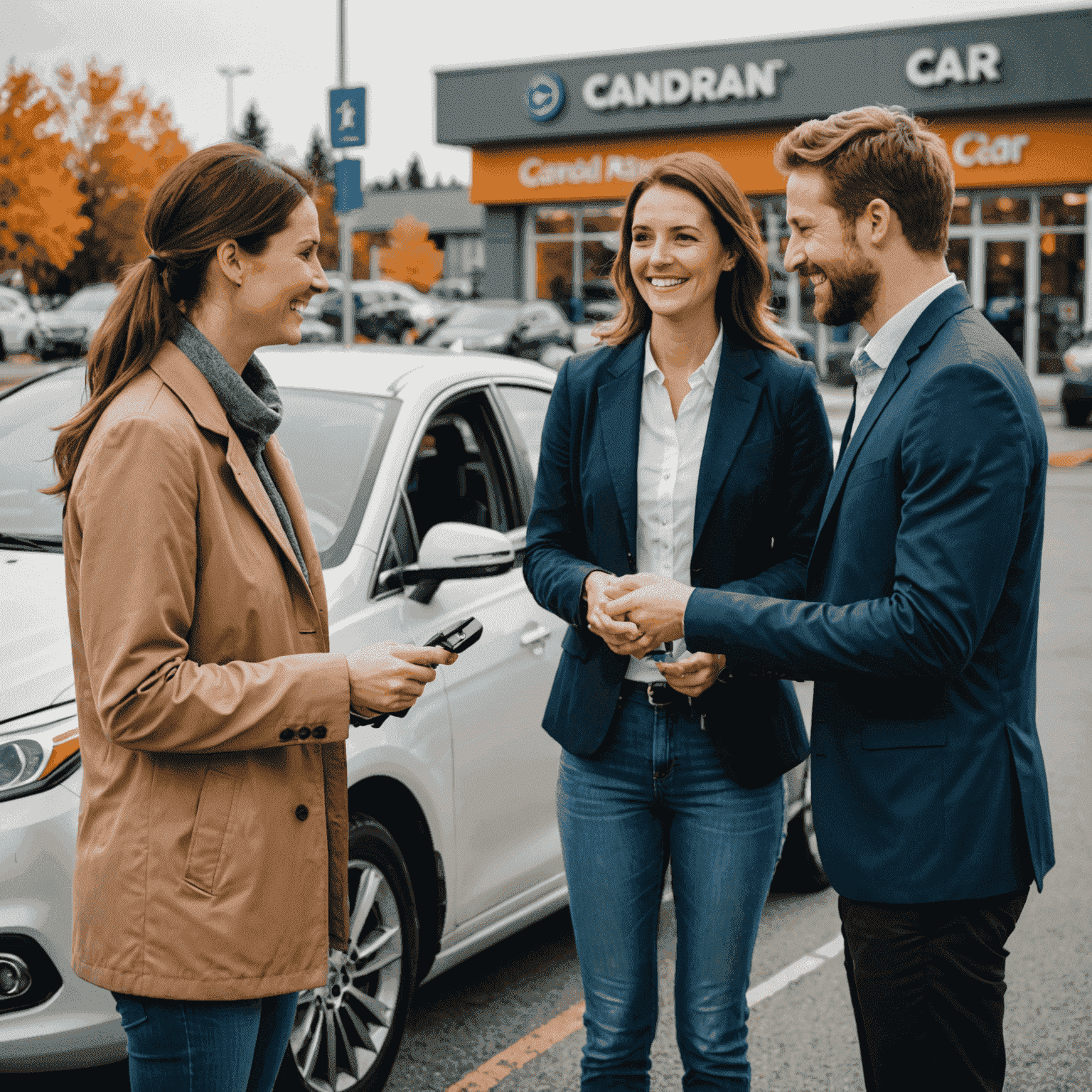 A happy couple receiving keys to their rental car from a smiling agent, showcasing the friendly service and ease of renting a car in Canada