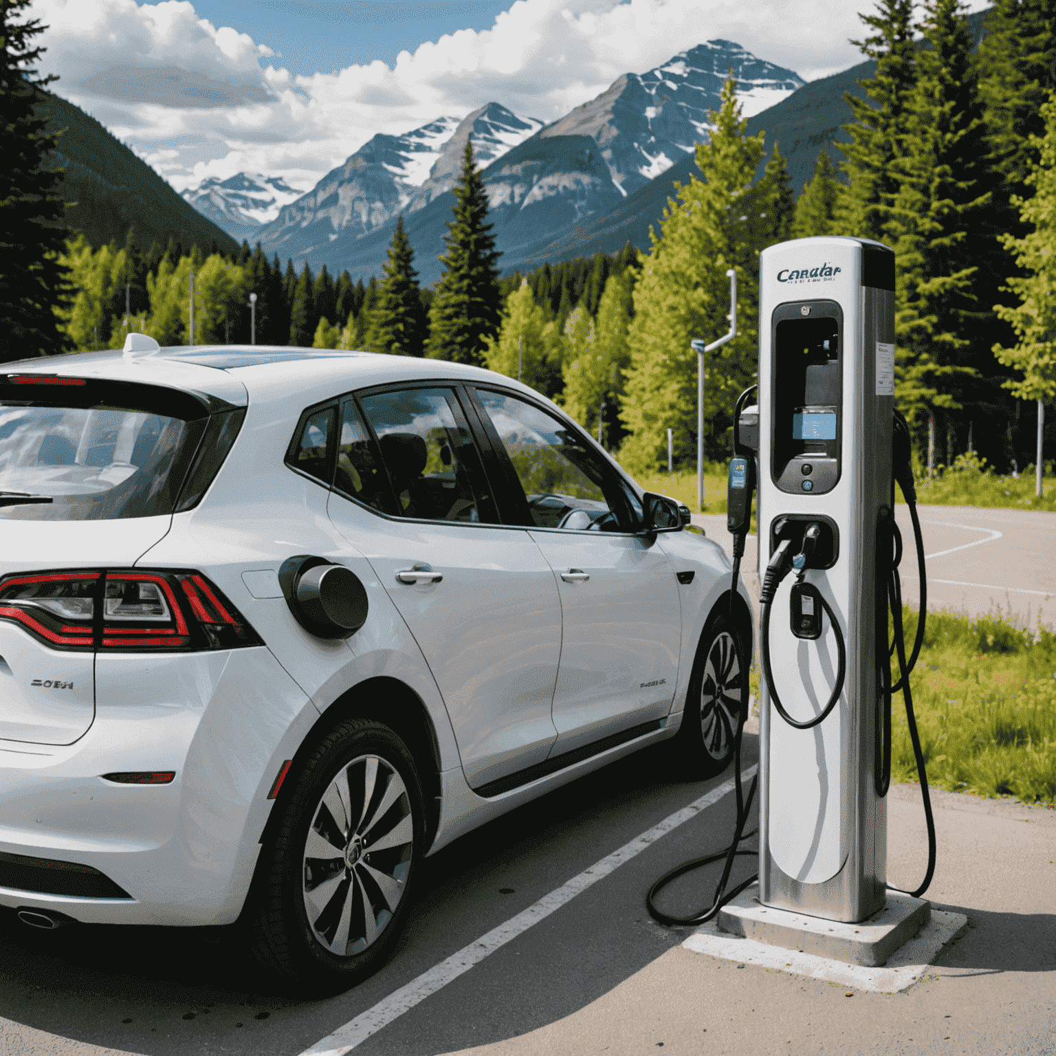 An electric car charging at a station with a beautiful Canadian natural backdrop, symbolizing eco-friendly car rental options in Canada.