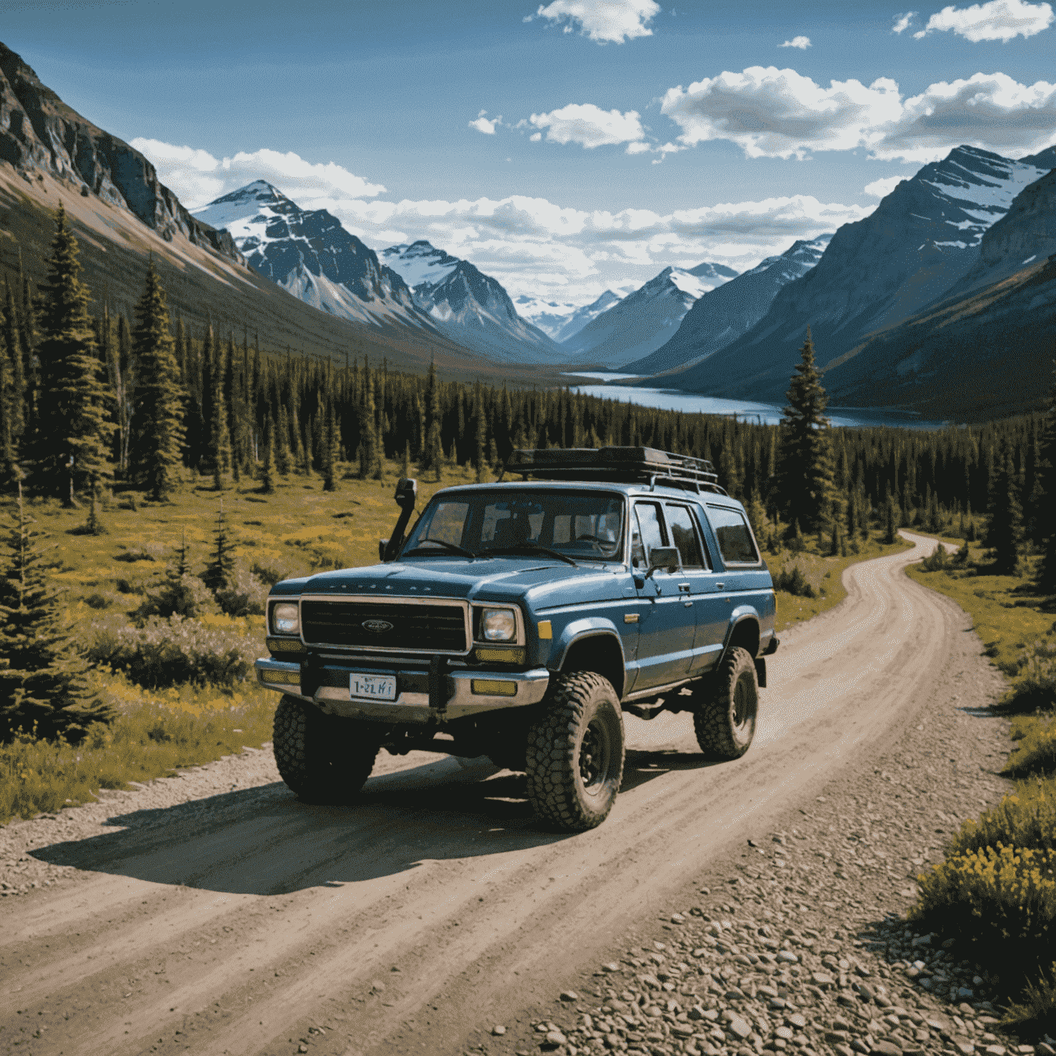 A rugged gravel road cutting through the vast, untamed wilderness of Northern Canada. A robust 4x4 vehicle rental is prominently displayed, highlighting the need for a sturdy and reliable car for this adventurous drive.