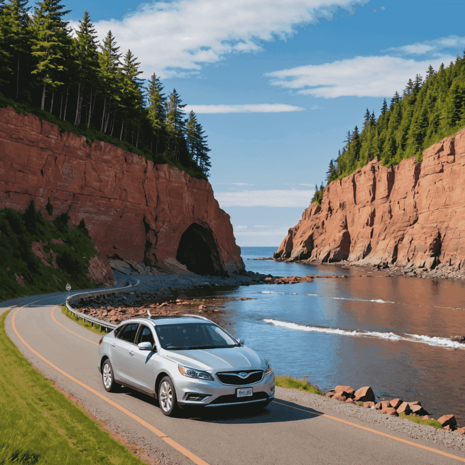 A coastal road along the Bay of Fundy, showcasing dramatic tides, red cliffs, and quaint maritime villages. A family-sized rental car is featured, ideal for a comfortable and spacious journey along this picturesque route.